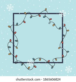 Winter square frame with hand drawn Christmas lights and snowflakes. Cute vector garland illustration. Festive border for text, design greeting card, advertising, poster, season invite, holiday flyer.