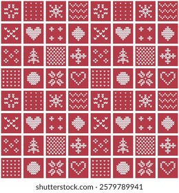 Winter Square Pattern. Seamless Checkered Print with Winter Knitted Geometric Shapes. Christmas Holiday Chess Background. Patchwork. Christmas Tree, Heart, Snowflake, Flower. Vector in Red, White