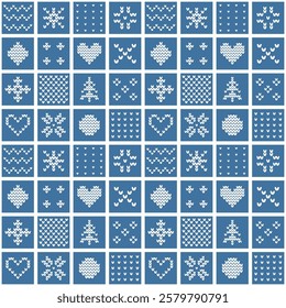 Winter Square Pattern. Seamless Checkered Print with Winter Knitted Geometric Shapes. Christmas Holiday Chess Background. Patchwork. Christmas Tree, Heart, Snowflake, Flower. Vector in Blue, White