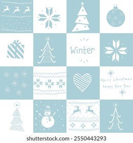 Winter Square Pattern. Seamless Geometric Checkered Print with Winter Things. Christmas Holiday Chess Background. Template. Patchwork. Christmas Tree, Deer, Gift, Heart, Snowman. Vector in Light Blue