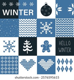 Winter Square Pattern. Seamless Geometric Checkered Print with Winter Things. Christmas Holiday Chess Background. Template. Patchwork. Christmas Knitted Pattern, Heart, Gingerbread Man. Vector in Blue