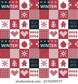 Winter Square Pattern. Seamless Geometric Checkered Print with Winter Things. Christmas Holiday Chess Background. Template. Patchwork. Christmas Knitted Pattern, Heart, Gingerbread Man. Vector in Red