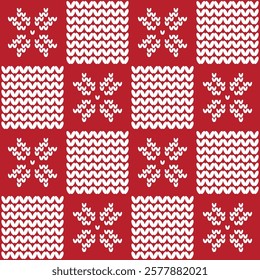 Winter Square Pattern. Seamless Geometric Checkered Print with Knitted Flowers. Christmas Chess Background. Template. Patchwork. Vector in Red, White