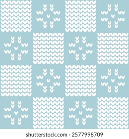 Winter Square Pattern. Seamless Geometric Checkered Print with Knitted Snowflakes. Christmas Chess Background. Template. Patchwork. Vector in Light Blue, White