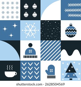 Winter Square Pattern. Seamless Geometric Checkered Print with Winter Things. Christmas Abstract Background. Template. Set. Patchwork. Christmas Ball, Snowflake, Hat, Glove, Cup. Vector in Blue