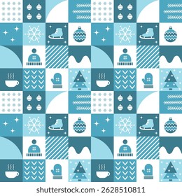 Winter Square Pattern. Seamless Geometric Checkered Print with Winter Things. Christmas Abstract Background. Template. Set. Patchwork. Christmas Ball, Snowflake, Hat, Glove, Cup. Vector in Blue.