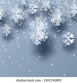 Winter square silver background with white paper kirigami snowflakes. Vector snowy illustration.