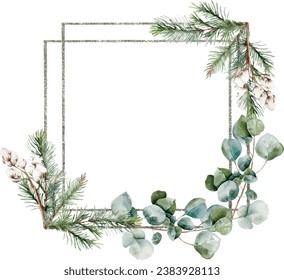 Winter Square silver Frame with fir branches, eucalyptus, pine, cotton. Watercolor, vector illustration. Template with space for text, greeting cards, invitation, celebration, wedding, party.