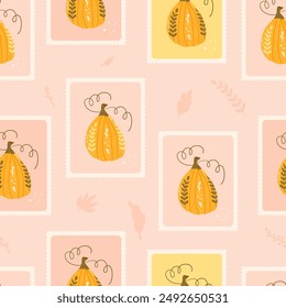 Winter squash seamless pattern. Bento box pumpkin repeat background. Halloween retro stamps endless design. Vector hand drawn illustration.