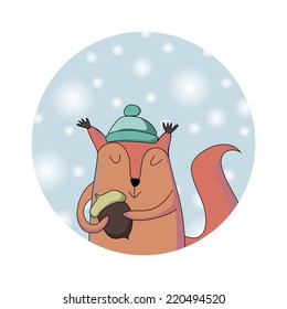 Winter squirrel with hat and acorn. Christmas card or icon.