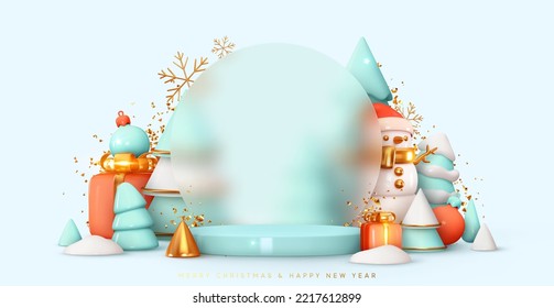 Winter stage podium, round studio for promo sale. Realistic 3d design in cartoon style. Light blue Christmas trees in snow. Merry Christmas and Happy New Year holiday background. vector illustration