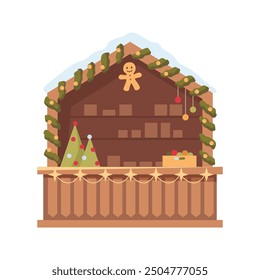Winter stall decorated by garlands or fir trees, stars and New Year balloons. Vector cartoon market stall with gift boxes and souvenirs, kiosk with snow on roof. Xmas fairground stall