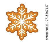 Winter star biscuit for holiday baking. Glazed gingerbread snowflake isolated on white background for Christmas design element.