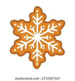 Winterstern-Keks zum Feiertagsbacken. Glasierte Lebkuchenschneeflocke einzeln auf weißem Hintergrund für Weihnachts-Design-Element.
