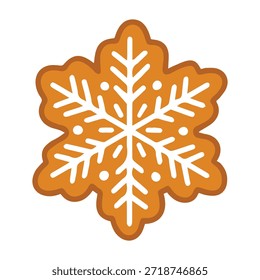 Galleta de la estrella del invierno para la celebración del año Nuevo. Copo de nieve glaseado del pan de jengibre con el diseño blanco detallado del azúcar aislado en el fondo blanco.