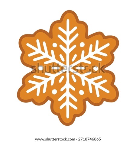 Winter star biscuit for New Year celebration. Glazed gingerbread snowflake with detailed white sugar design isolated on white background.