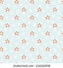 Winter Star Snowflakes Seamless Vector Pattern, Hand Drawn Illustration for Modern Fashion Prints, Holiday Stationery, Xmas Decor, Bright Gift Wrap, Seasonal Blog Backgrounds, Trendy Scandinavian Yule