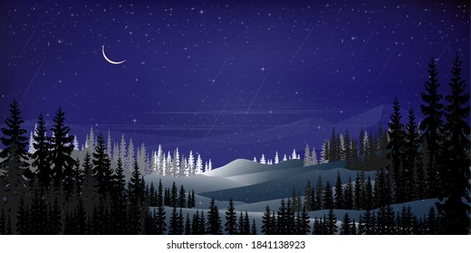 Winter in starry night with crescent moon, shining stars and comet falling over behind mountain and pine tree, Dark night forest in Winter wonderland for background on 
Christmas and New year banner
