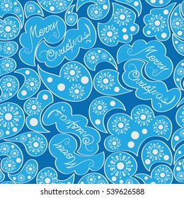Winter starry sky. Snowflakes and abstract forms. Seamless pattern in blue tones. Design for cloth, napkins, wrapping paper, background for websites, cover art, winter letters.