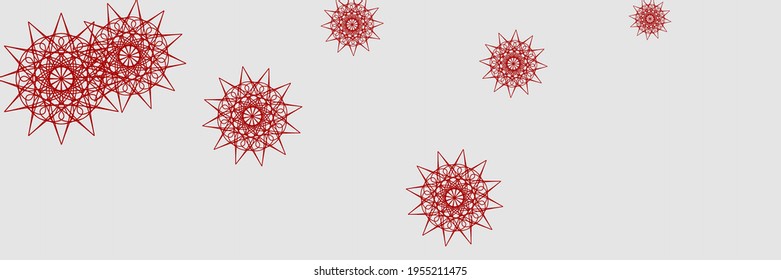 Winter Stars Holiday Grey Snow Pattern. Christmas Bright Print Silver New Year Sky Wallpaper. Red Horizontal Chaotic Winter Wallpaper. Ornamental Santa White Snowflakes Mandala Background.