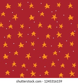 Winter stars and snowflake seamless pattern on red background. Abstract wallpaper, wrapping decoration. Christmas pixel pattern. Merry Christmas holiday, Happy New Year celebration Vector illustration