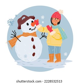 Winter sticker or banner in circle frame with child girl making a snowman, having fun at winter holidays and playing with snow, flat vector illustration isolated on white background.