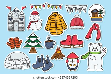 Winter Sticker Collection, Winter doodle, winter and christmas, christmas and happy new year