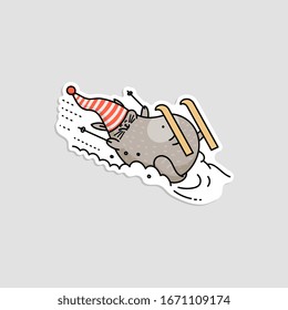 Winter sticker with fat funny cat falling downhill, sketch cartoon vector illustration isolated on background. Humor comic print with domestic pet skier character.