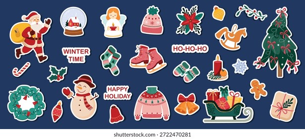 Winter sticker set with snow globe, angel, bells, gift box, wreath, sled, candle, tangerine, decorations. Vector illustration on blue background.