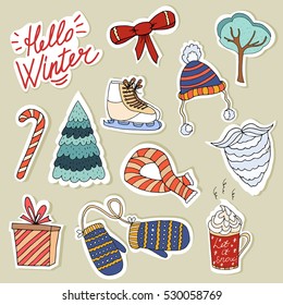 winter stickers Collection of new year Christmas Vintage. Santa Claus holidays celebration object skates set