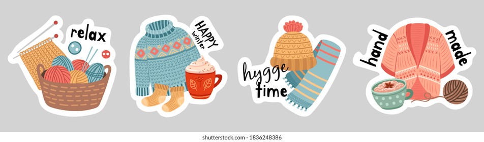 Winter stickers. Hot drink, knitted elements cardigan sweater and warm accessories. Seasonal hobby, hygge banners vector set