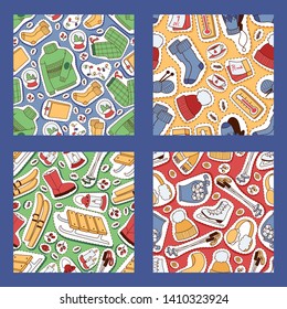 Winter stickers seamless pattern vector illustration. Ski, sleigh, skates. Warm sweater, socks, hat, boots.Low temperature. Hot drink in cup book badges patches and sticker for wrapping paper.
