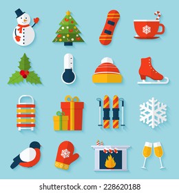 Winter stickers set with snowman christmas tree snowboard cup isolated vector illustration.