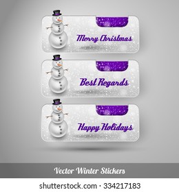 Winter stickers with snowman and falling snow. Purple vector design elements without text.