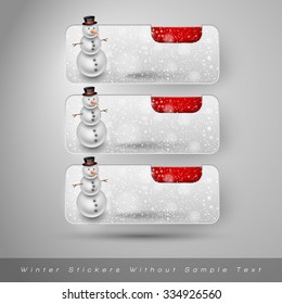 Winter stickers with snowman and falling snow. Red vector design elements without text.