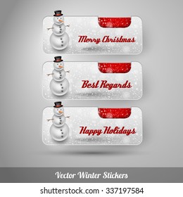 Winter stickers with snowman and falling snow. Red vector design elements without text.
