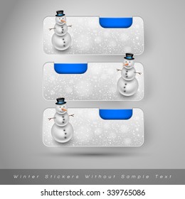Winter stickers with snowman and falling snow. Blue vector design elements without text.