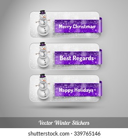 Winter stickers with snowman and falling snow. Purple vector design elements without text.