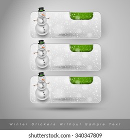 Winter stickers with snowman and falling snow. Green vector design elements without text.