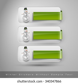 Winter stickers with snowman. Green vector design elements without text.