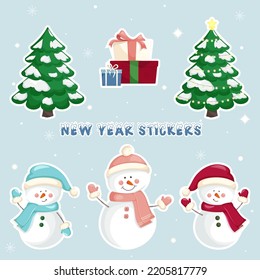 Winter stickers with snowmen, Christmas tree, gifts and snowflakes. Flat-style illustration, vector file.