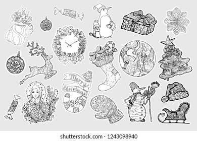 Winter stickers vector set. Christmas, New Year collection. Winter holidays hand drawn decorative cliparts. Sketch outline drawings. Coloring book Xmas linear illustrations, patches