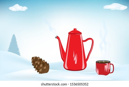 Winter still life. Fir cone, red coffee pot and coffee mug with steam, spruce, snowdrifts, clouds - light blue background - illustration, vector. Rest at nature. Travel poster.