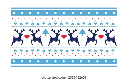 Winter stitch, knitting seamless pattern. Deers, snowflakes, hearts, decorative elements.