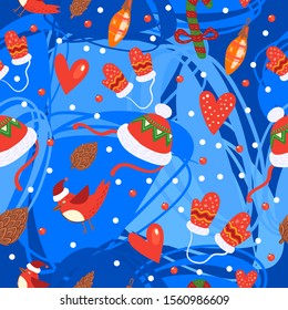 Winter stock seamless pattern with cute bullfinch, hat, mittens, cones and hearts on abstract blue background. Christmas and New Year texture for wrapping paper, apparel, linen, souvenirs, textile.