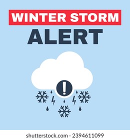 Winter storm alert. Heavy snow combined with freezing rain and strong winds. Cloud icon with exclamation mark and snowflakes, rain and thunder. Vector illustration.