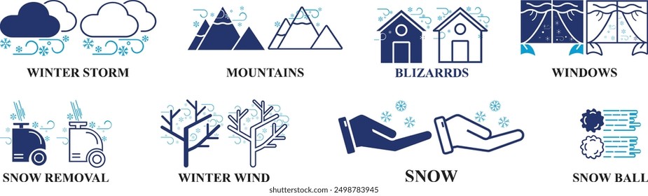 Winter Storm, Blizzard and Winter wind icon set isolated on white background. Editable colorful Icons of Cool Weather in fill and line style.