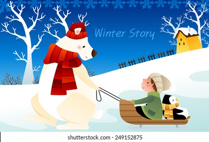 Winter Story with cute friends and happy smiling animals on a background with blue sky and ice world : vector illustration
