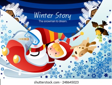 Winter Story with cute little friends and happy smiling animals on a background with blue sky and ice world : vector illustration