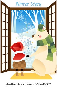 Winter Story with cute little friends on a background with beautiful snowy landscape : vector illustration